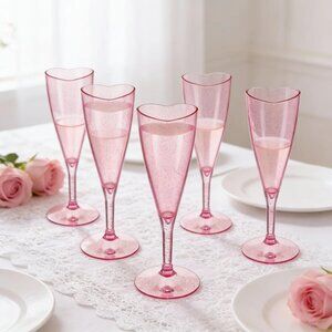 💞 6 Valentine's Day Pink Heart Shaped Champagne Glasses Flutes Glitter💞
